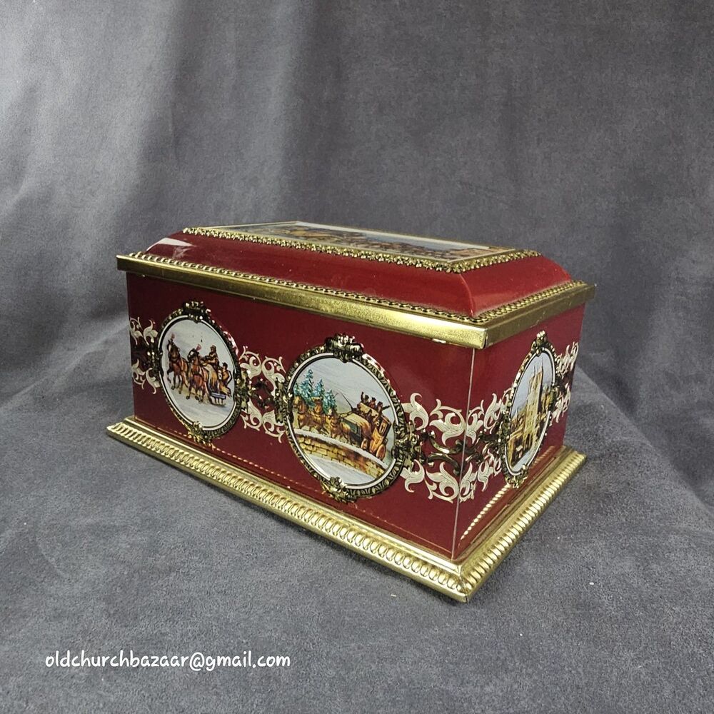 Klann Quality West Germany TIN BOX w/LID 7"x4"x4-1/2" Tall - Red-Gold Trim